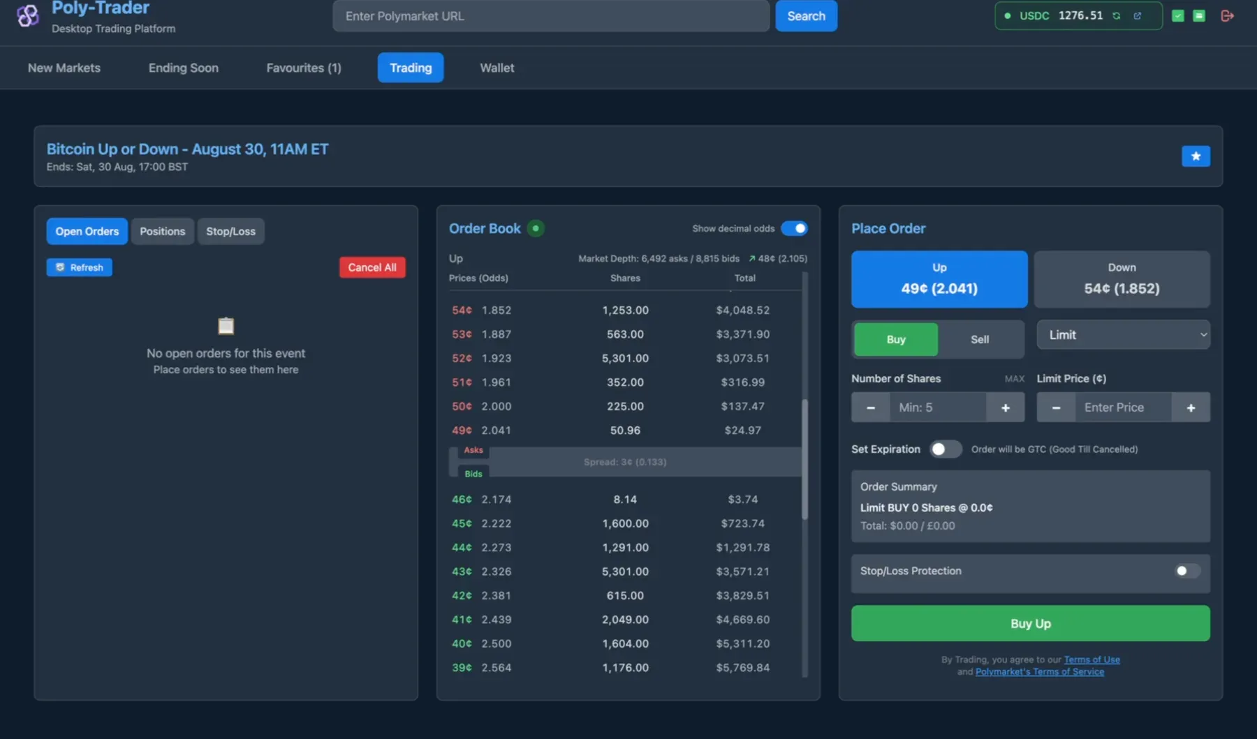 PolyTrader trading screen